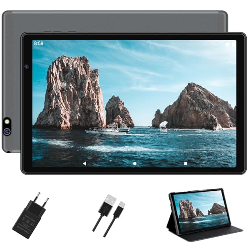FACETEL Tablet 10 Pulgadas Android Tablet Octa-Core 14RAM + 128ROM (Memoria Escalable), WiFi, 8000mAh, 5MP + 8MP, Pantalla HD IPS, Bluetooth, Widevine L1, Tablets con Funda - Cuerpo de Metal Grey