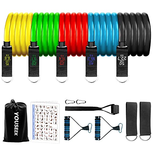 YOUSEEK Resistance Bands Set(11pcs),5Tube Fitness Bands Stackable Up to 150lbs,Exercise Bands with Door Anchor,Handle,Carry Bag,Legs Ankle Straps for Resistance Training,Physical Therapy,Home Workouts