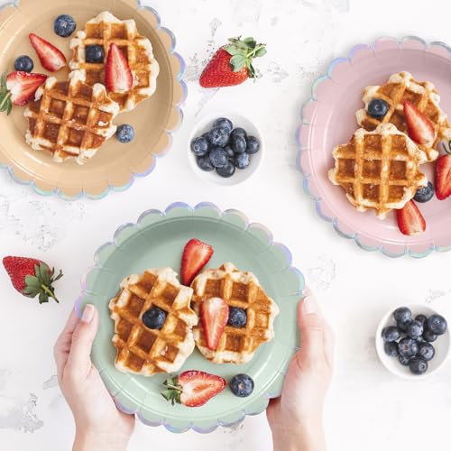 Image of Party Paper Plates, 50-Pack 9-Inch Bulk Disposable Decorative Plates with Iridescent Scalloped Trim, 6 Pastel Colors for Tea Party, Easter, Garden Party, and Bridal Showers, Opalescent Pastel Medley