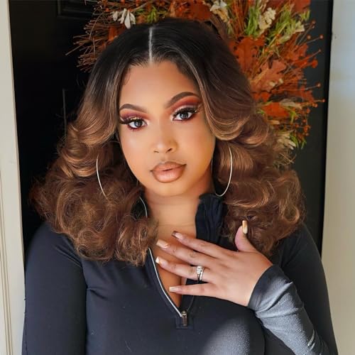 WIGER Short Big Curly Lace Front Wigs Loose Wave Wig Short Wavy Bob Wigs for Black Women Ombre Brown Middle Part Shoulder Length Wig Synthetic Wigs (Middle Part) Ombre Brown