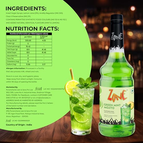 Image of Zone Green Mint Mojito Flavoured Syrup 1L (1000ml) | Cool Mint & Zesty Lemon Blend | Perfect for Mocktails, Lemonades, Iced Teas & Beverages | Ideal for Cafe, Restaurant & Home Use