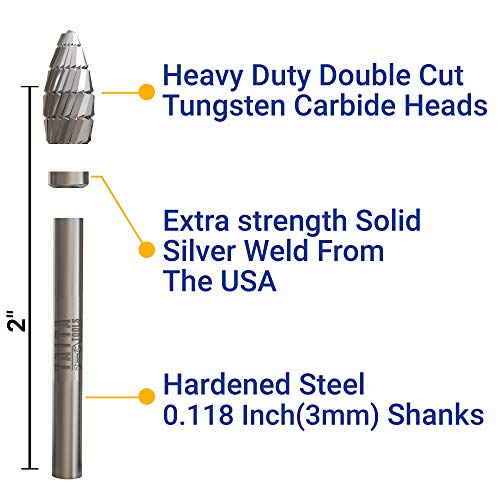 10PC Double Cut Carbide Burr Set 0.118" (3mm) Shank, Rotary Tool Bits Cutting Burrs - Dremel Accessories Fordom, Flex Shaft, Dewalt And Die Grinders - Wood Carving bits Metal Working And Engraving - Image 3