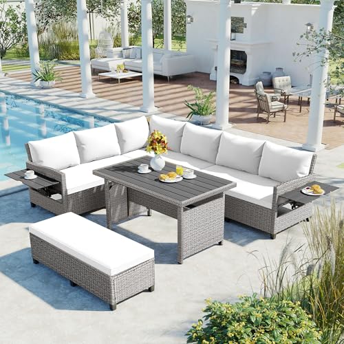 LZ LEISURE ZONE Patio Conversation Set, 5-Piece Outdoor Patio Sectional Sofa Set, PE Rattan Wicker Furniture Set with 2 Extendable Side Tables, White