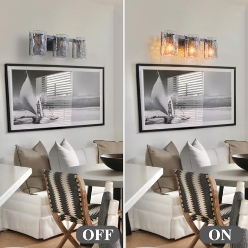 Image of EDISLIVE Vintage Bathroom Vanity Light Black 3-Light Bath Wall Light Fixture with Ripple Block Shades Glass 23.6 inch E12 Antique Wall Sconce for Bedroom Hallway Living Room Vanity Mirror