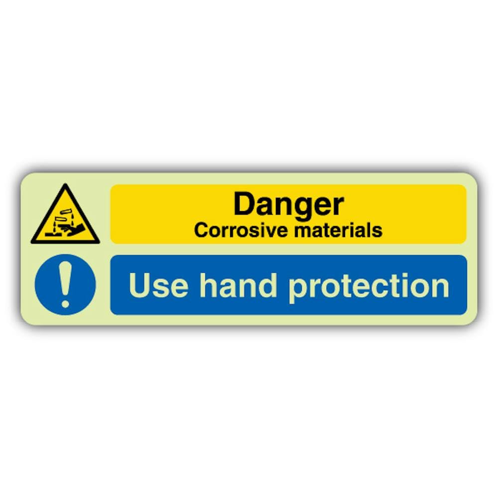 V Safety - Señal de protección de manos con materiales corrosivos que brillan en la oscuridad, formato horizontal, 750 x 250 mm, hecho de plástico rígido de triple brillo, señalización de advertencia