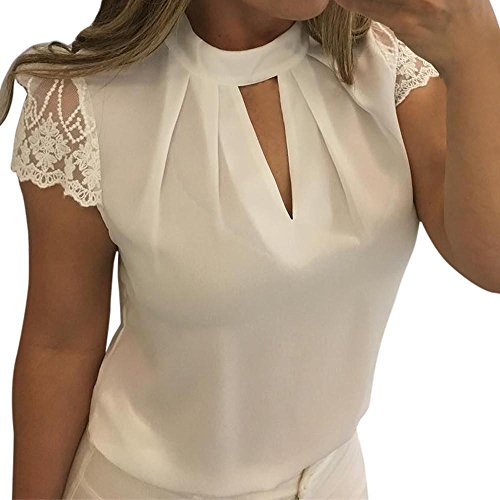 Venmo Camisetas Mujer Verano Tops Mujer Verano Mujeres Casual Blusa de Gasa Camisetas de Mangas Corta Cami Top Corto de Encaje Empalmado Blusa Ropas para Mujeres (Blanco, XXL)