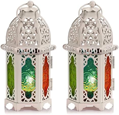 Nuptio 2 Pcs Moroccan Style Candle Lantern - Small Sized Tealight Candle Holder with Coloful Glass Panels, Tea Light Holders for Christmas Patio Indoors Outdoors Events Parties Weddings, White