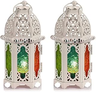 Nuptio 2 Pcs Moroccan Style Candle Lantern - Small Sized Tealight Candle Holder with Coloful Glass Panels, Tea Light Holders for Christmas Patio Indoors Outdoors Events Parties Weddings, White