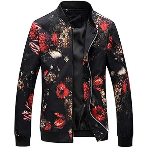 RYSLJJWCZ Spring Autumn Bomber Jacket Men Floral Printed Fashion Slim Fit Mens Casual Jackets Long Sleeve Mens Windbreaker Coat Male@Red_M Cover