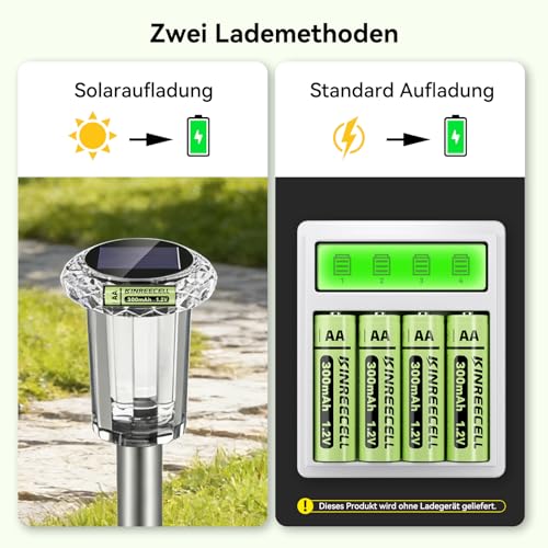 KINREECELL Wiederaufladbare AA-Batterien, NI-MH-Doppel-A-Solarbatterien mit Reale Kapazität, 1.2 V vorgeladen für Solarleuchten, Lichterketten, Solar-Wegeleuchten (AA-300 mAh, 12 Stück)