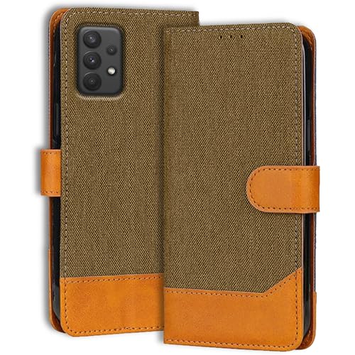 Image of Denim & Leather Flip Cover for Samsung A32 5G | Inbuilt Stand & Pockets | Premium Leather Mobile Phone Case Samsung A32 5G (Dark Brown)