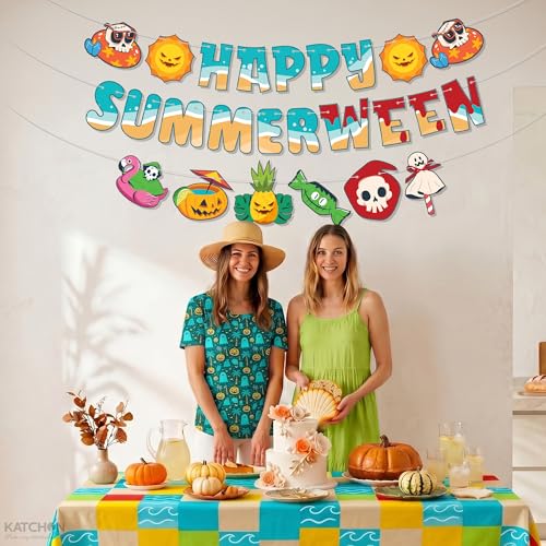 Image of Katchon, Happy Summerween Banner - 3 Strings Pre-Strung, 10 Feet Each, Summerween Party Decorations, Summer Halloween Decorations for Pool Party, Beach Party & Tropical Spooky Celebration