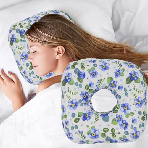 Image of Ear Piercing Pillow for Side Sleepers, Pillow with an Ear Hole for CNH and Ear Pain Ear Inflammation Pressure Sores, O-Shaped Side Sleeping Pillow, Ear Guard Pillow (Blue Flowers)