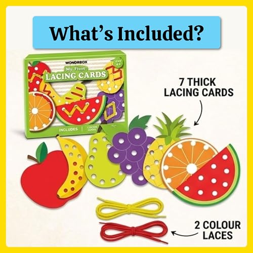 Image of WONDRBOX Montessori Lacing Cards Activity Educational Toy for Kids Age 2 3 4 Year Old | Autistic, Occupational Therapist Games (Set of 3) | Includes 22 Lacing Cards and 6 Laces