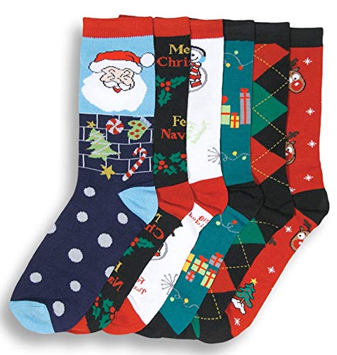 I&S 6 Pairs Christmas Socks, Printed Fun Colorful Festive, Crew Sock Women Fancy Design Soft (Christmas #1), 43719