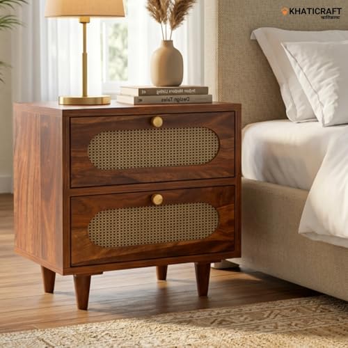 Image of Solid Sheesham Wood Rukm Bedside Table with 2 Drawer Storage for Bedroom | Wooden Nightstand Side Table for Living Room, Home and Hotels | Honey Finish