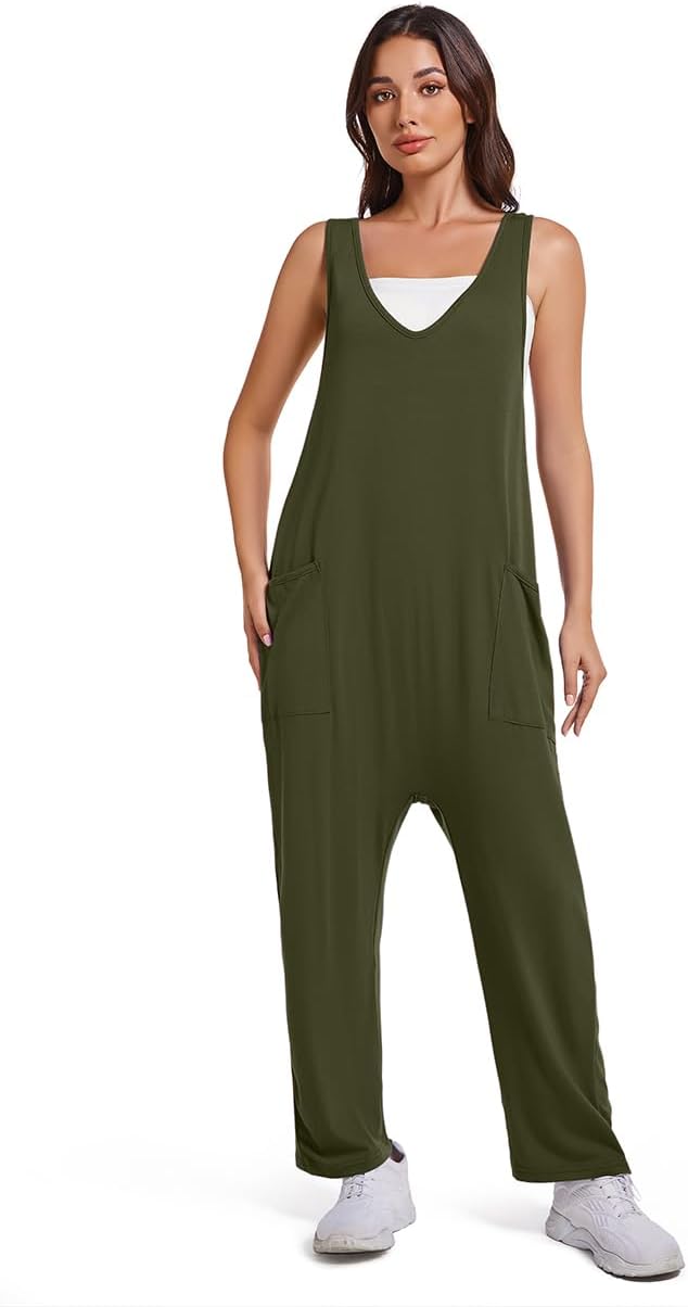 Womens V Neck Jumpsuit Casual Loose Tank Sleeveless Overalls Wide Leg Long Pants Romper with Pockets - Image 3