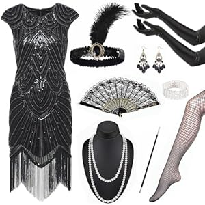 20er Jahre Kostüm Damen, Charleston Kleid 20er Jahre,mit Gatsby Pailletten Kleid & 20er Jahre Accessoires für Faschingskostüme Damen Casino Outfit Karneval Retro Party Cosplay Cocktailkleid Party