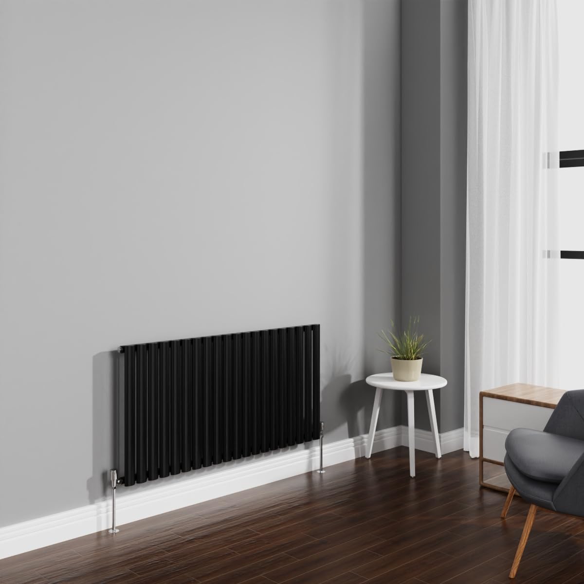 NRG 600x1180mm Black Radiator Horizontal Oval Panel Bathroom Designer Single Rad Central Heating โ image 1