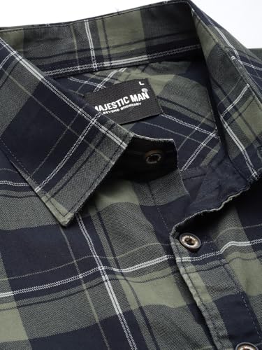 Image of Majestic Man Men Comfort Slim Fit Opaque Checked Pure Cotton Casual Shirt