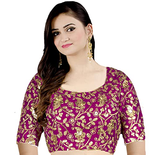 Chandrakala Women's Readymade Non Padded Full Embroidery Art Silk Indian Ethnic Saree Blouse Crop Top Choli-Small, Magenta (B187MAG2)