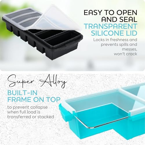 Image of Silicone Freezer Tray With Lid-Soup Freezer Container molds-Large Ice Cube Tray Set Makes 2-Cup & 1 /2-Cup portions cubes Perfect for preparing meals in different portion sizes Oven & Dishwasher -Safe