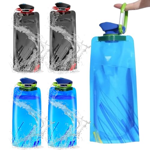 4 botellas de agua plegables deportivas, 700 ml, reutilizables, con mosquetón, ultraligera, a prueba de fugas, sin BPA, para viajes, senderismo, camping, escalada al aire libre