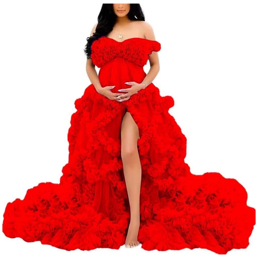 Schulterfreie Umstandskleider, Langer Bademantel für Fotoshootings, Umstandskleid für Fotografie, Schwangerschaftskleid mit Tüllrüschen für Babyparty,3,US 6