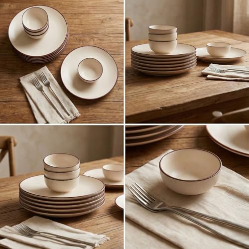 Image of Freakway Handcrafted Ivory White Stoneware Pack of 12 Pieces Ceramic Dinner Set 6 | Crockery Set for Dining Table | Glossy Finish | 6 Dinner Plates & 6 Bowl /katori | Microwave & Dishwasher Safe