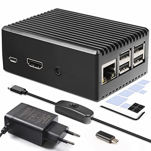 Miuzei Raspberry Pi 3 B+ Carcasa con fuente de alimentación USB C, 5,1 V 3 A, refrigeración pasiva de aluminio