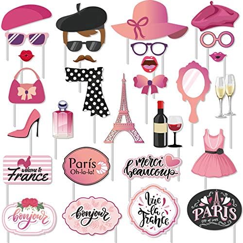 30 pcs Paris Photo Props Paris Party Photo Booth Props Kit Paris Themed Decoration French Photo Booth Props, Eiffel Tower, for oh la la Baby Shower Birthday Paris Theme Party Supplies