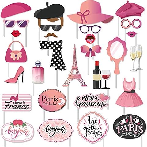 30 pcs Paris Photo Props Paris Party Photo Booth Props Kit Paris Themed Decoration French Photo Booth Props, Eiffel Tower, for oh la la Baby Shower Birthday Paris Theme Party Supplies Cover