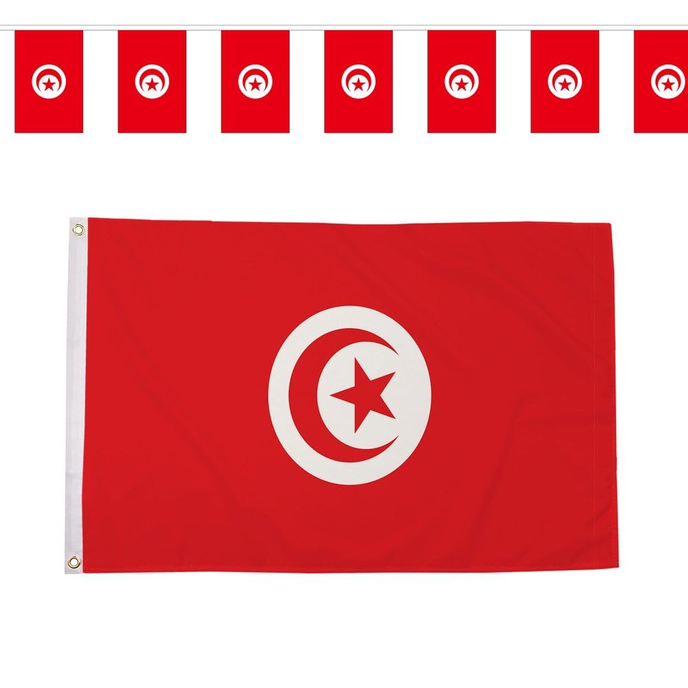 Flagtex Tunisia Eagles of Carthage World Cup 2026 Small Team Bundle Includes 3ft x 2ft Premium Polyester Flag and 3m Rectangle Bunting Football Fan Pack Indoor Outdoor Decoration