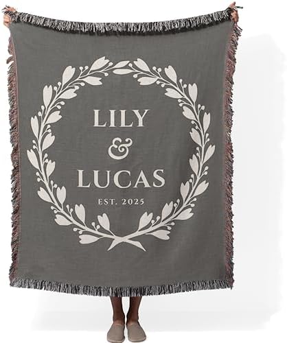 Studio Sam Personalized Wedding Blanket with Names, Custom Woven Tapestry for Couples, Anniversary, Engagement Gift. (Gray, 80" x 60" Large)