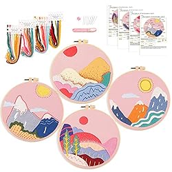 Harimau 4Pcs Beginner Embroidery Kit,Natural Landscape Pattern,Cross Stitch Kits, Including Stamped Embroidery Cloth with 2 Embroidery Hoops, Multicolor Color Threads for Embroidery Kits