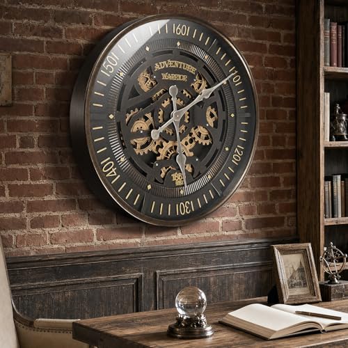 Image of 23 inch Oversized Wall Clock with Moving Gears, Industrial Steampunk Decor