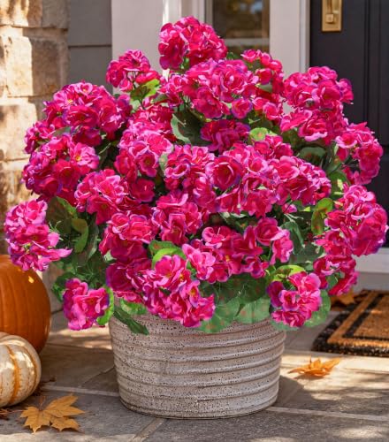 Artificial Geranium Fake Flowers for Outdoors Decoration, 6 Bundles Silk Geraniums Flower UV Resistant Look Real Faux Plants for Outside Planter Front Door Garden Patio Balcony Yard Home, Fuchsia