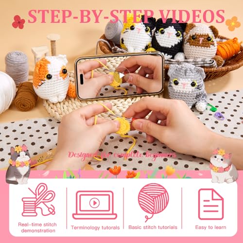 Image of MAGIMUSE Crochet Kit for Beginners, 5 Cat Crochet Amigurumi Craft Kit | Includes Step-by-Step Video Tutorials, 40% More Yarn and DIY Crochet & Knitting Supplies for Beginner Animal Projects.