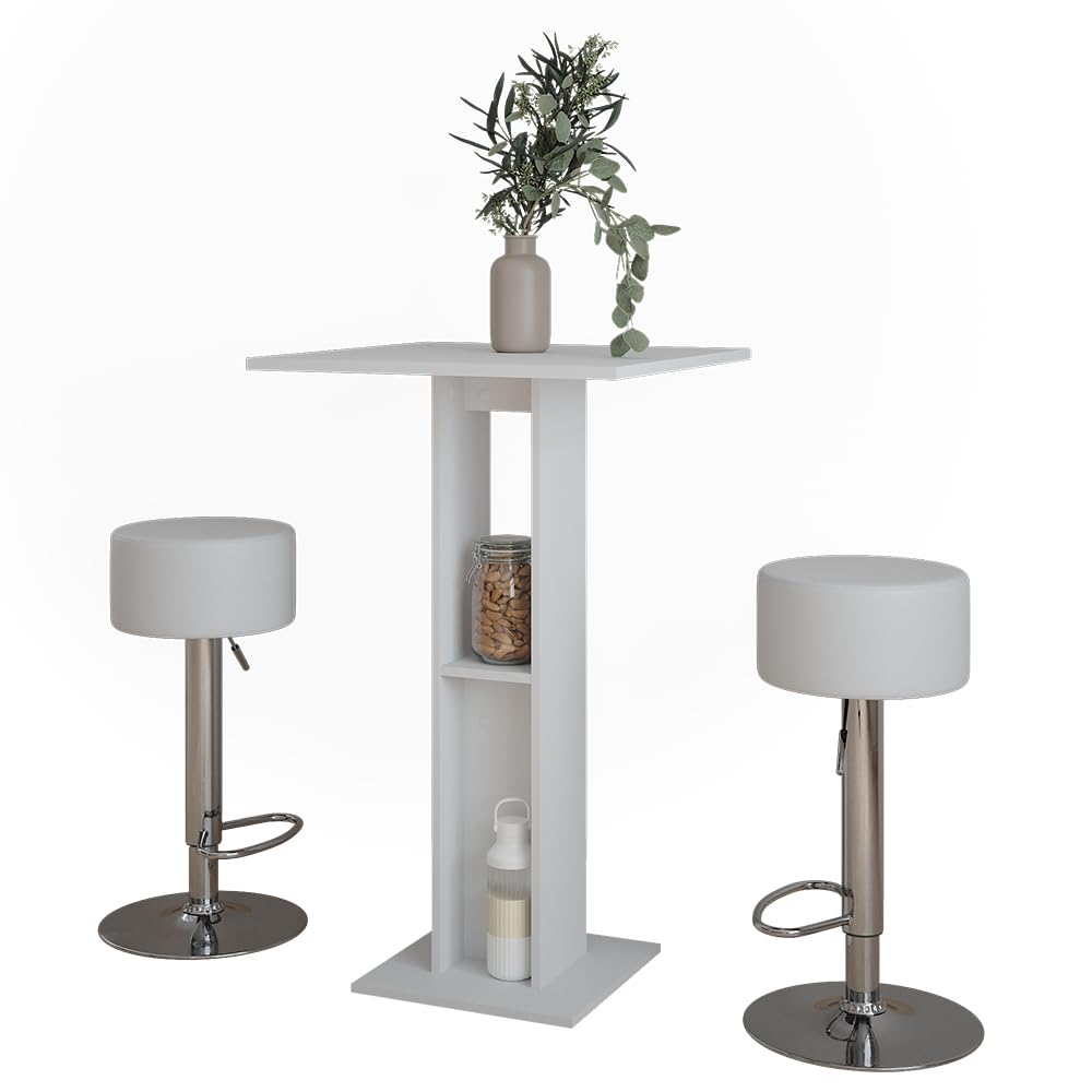 Vicco Set de Table de Bar Repose, Blanc, 65x65cm avec 2 tabourets de Bar, avec étagère latérale pour Le Rangement des Bouteilles et des Verres