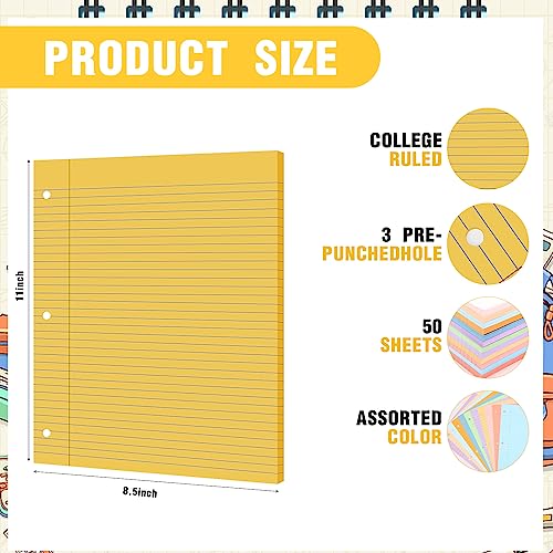 PerKoop 600 Sheets 8.5 x 11 Colored College Ruled Loose Leaf Paper, 12 Pack, 3 Hole Punched for Office and School Supplies
