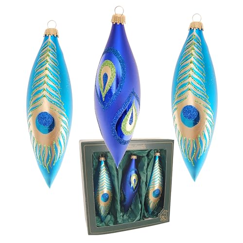 Krebs Glas Lauscha - Weihnachtsdekoration/Christbaumschmuck aus Glas - Weihnachtsanhänger - Form: Olivenform - Farbe: Blau matt - Menge: 3 Stück - Motiv: Pfau - Größe: 15 cm