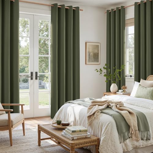 Image of HOMEIDEAS 100% Blackout Olive Green Linen Curtains 52W x 96L 2 Panels