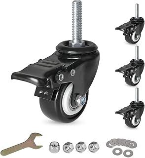 8T8 2 Inch Caster Wheels with Brake, PU Casters Set of 4, Heavy Duty, 3/8”-16x1-1/2”(Screw Diameter 3/8", Length 1.5") Threaded Stem Swivel Casters, Mount Industrial Castors