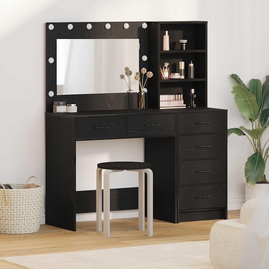 Tavolo da Trucco Nero in Legno multistrato 78,5 x 41 x 135 cm con Cassetti e Strisce LED per Camera da Letto, Mobiletto Organizzatore Salvaspazio per Make Up e Cosmetici