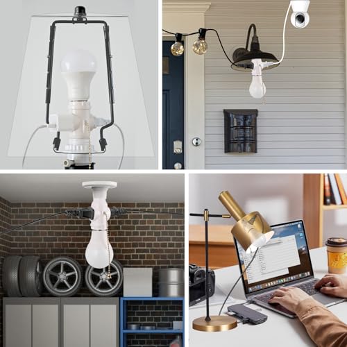 2-pack e26 light socket adapter - converts medium screw socket to two outlets with pull chain switch - ul listed white