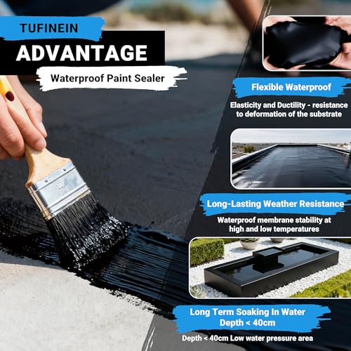 Image of Rubber Liquid Waterproof Sealant, TUFINEIN 53oz /1.5kg Black Quick Drying Multi Surface Foundation Leak Repair - Roof Gutters Basement Sealer Waterproof - Indoor & Outdoor Flexible Rubber Paint