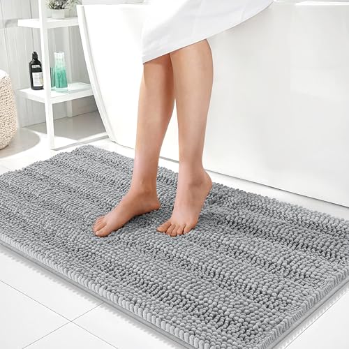 Image of OLANLY Thick Bathroom Runner Rugs 44x24, Extra Absorbent Chenille Striped Bath Rugs, Rubber Backing, Machine Wash Dry, Long Bath Mats for Bathroom, Tub and Shower, Home Decor Accessories, Light Grey