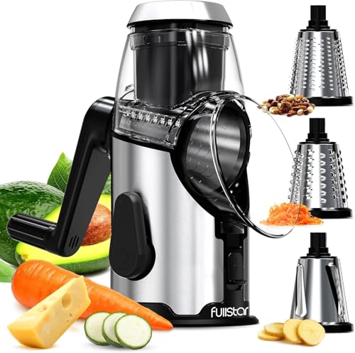 Rallador de Queso con Manivela - Rallador Verduras Inox con 3 Cuchillas de Tambor Intercambiables - Rápido y Fácil - Base Antideslizante - Rallador de Cocina para Queso Pepino Zanahoria Patata