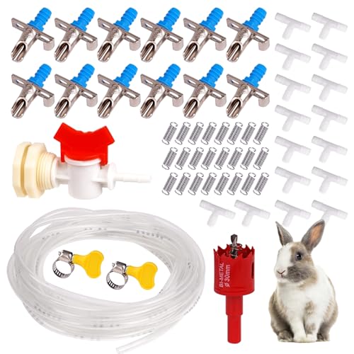 KHEARPSL Rabbit Nipple Drinker Kit Automatic Rabbit Watering System Kit Include 12 Drinking Nipple 23ft Hose Hole Opener Barb Valve Fitting to G1/2 Connector (Blue 12Pcs)