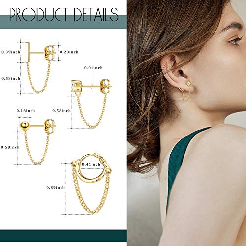 Yadoca 4 Pairs Copper Chain Stud Earrings Set For Women Cz Dangle Earrings Ball Stud Earring Bar Stud Earrings Huggie Hoop Piercing Earrings Stainless Steel Ear Pins Gold #TOP1